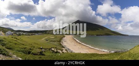Panorama view of Dugort Beach and Doogort village on Achill Island in County Mayo of western Ireland Stock Photo