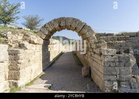 Olympia, Greece- 11 November, 2022: view of the stone stadium gate leading to the ancient stadium in Olympia Stock Photo