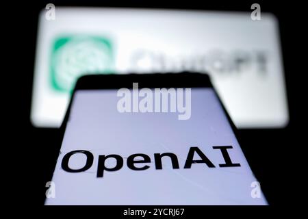 Tunis, Tunisia. 27 February 2024. The OpenAI and the ChatGPT logos are displayed on smartphones and laptop screens in Tunis, Tunisia, on February 27, 2024. OpenAI and  ChatGPT are closely related, with ChatGPT being a OpenAI's product Stock Photo