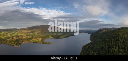 An aerial view of Bassenthwaite Lake in the English Lake District in warm eveing light Stock Photo