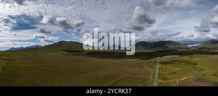 Drone panorama landscape of Connemara National Park and the Twelve Bens mountains in western Ireland Stock Photo