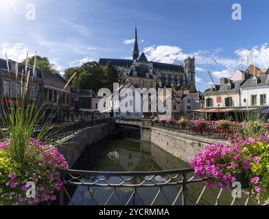 Amiens, France, 12 September, 2022: the canals of the Somme River and the historic old city center of Amiens with the cathedral in the background, Eur Stock Photo