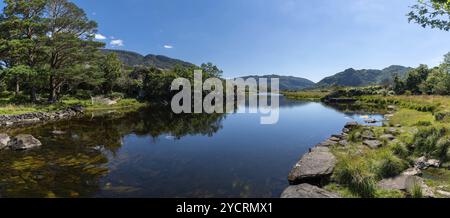 A panorama landscape of the Meeting of the Waters in Killarney National Park on the Ring of Kerry Stock Photo