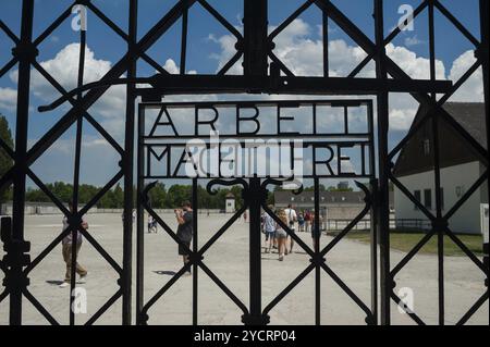 03.06.2017, Dachau, Bavaria, Germany, Europe, The entrance gate to the former concentration camp in Dachau with the motto 'Arbeit Macht Frei'. Dachau Stock Photo