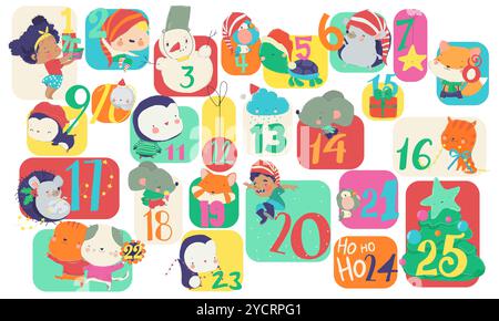 Cute Cartoon Advent Calendar with Funny Animals and Christmas Elements Stock Vector