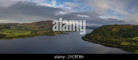 An aerial view of Bassenthwaite Lake in the English Lake District in warm eveing light Stock Photo