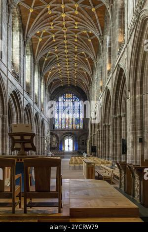 Chester, United Kingdom, 26 August, 2022: view of the altar and central nave of the historic Chester Cathedral, Europe Stock Photo