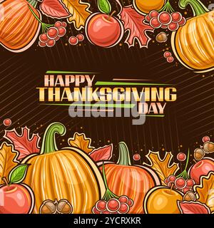 Vector Thanksgiving greeting card with copy space, festive layout with cartoon design thanksgiving composition with october pumkin, square placard wit Stock Vector
