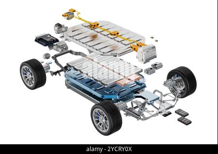 3d rendering explode view of ev car with battery element and undercarriage isolated on white Stock Photo