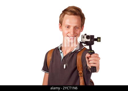 Videographer holds mobile camera on gimbal. Stock Photo