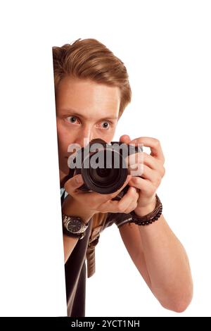 Videographer holds mobile camera on gimbal. Stock Photo