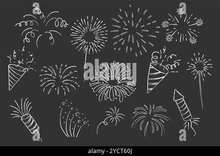 Fireworks and rocket, salute with burst, light and festive explosions in doodle style. Hand drawn sparks, firecracker on white background. Party, celebrations, event. Vector illustration Stock Vector