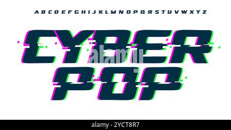 Holographic glitch font, bold digital bug pixelated effect typeface, modern cyberpop font for retro gaming logo and headline, Y2K typographic design Stock Vector