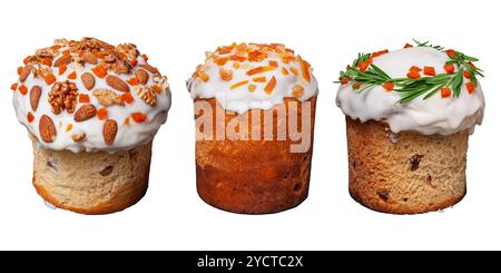 Three decorated Easter cakes with icing, nuts, and dried fruits, isolated on white. Stock Photo