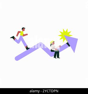 Two People Running Up An Arrow In Flat Vector Illustration Symbolizing Growth, Success, And Business Progress, Isolated On White Background Stock Vector