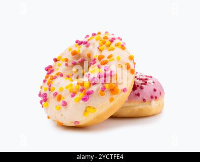 Two donut with multi-colored sprinkles with white background Stock Photo