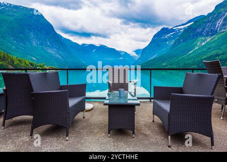 Cafe on the nature background lovatnet lake. Stock Photo