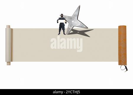 Ninja with shuriken and scroll Stock Photo