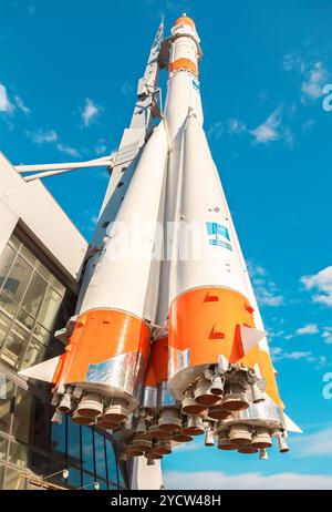 Real Soyuz type rocket as monument Stock Photo