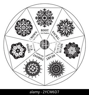 7 Chakras Color Chart and Mandalas Wheel for Dowsing - Pendulum Stock Vector