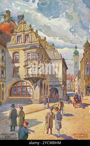 Vintage illustrated German postcard of the Hofbräuhaus am Platzl beer hall in Munich, Bavaria. Painted by Richard Wagner. Stock Photo