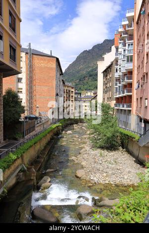 Les Escaldes - Engordany in Andorra - August 31 2024: River Valira flows through the city Stock Photo