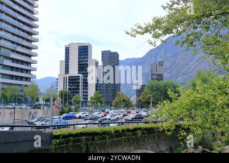 Les Escaldes - Engordany in Andorra - August 31 2024: the center of the city on a cloudy day Stock Photo