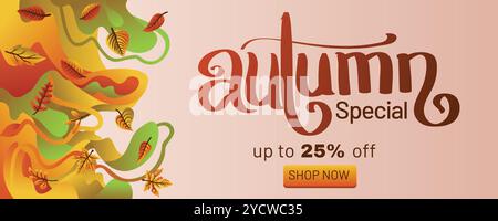 Autumn Special Offer Template with Abstract Fluid Design and Colorful Leaves. concept of autumn special offer with abstract background banner template Stock Vector
