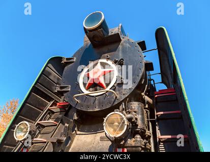 Russian retro steam locomotive with red star Stock Photo