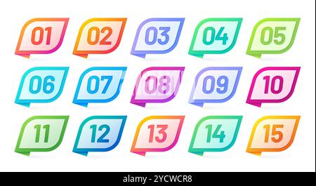 Bullet point numbers, tags and buttons for infographics or presentation, vector icons set. Number bullet points or buttons for headline list pointers or title marker tag and next page info elements Stock Vector