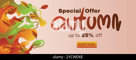 Abstract Liquid Autumn Banner with Floating Leaves and Special Offer. concept of autumn special offer with abstract background banner template vector Stock Vector