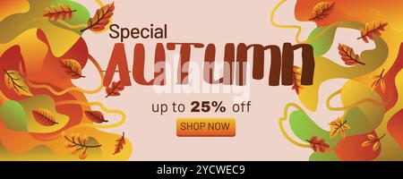 Modern Autumn Sale Banner with Liquid Abstract Background and Leaves. concept of autumn special offer with abstract background banner template vector Stock Vector
