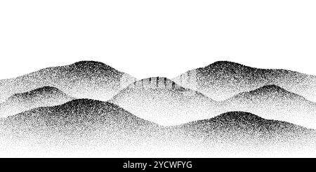 Noise grain halftone mountains and hills. Vector black and white noisy texture, gradually transitioning in density to form the shape of rolling hills and peaks. Modern, abstract pointillism effect Stock Vector
