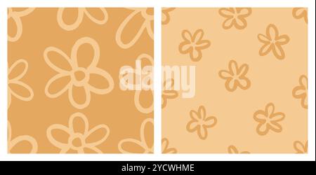 Naive basic seamless pattern set with doodle Daisy Flowers. Contemporary minimalistic trendy backgrounds for kids in Earth Tones. Floral chamomile design for wrapping paper, covers and fabric. Stock Vector