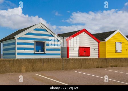 3 three colourful beach huts at Southwold, Suffolk, UK in April Stock Photo