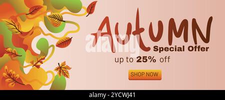 Autumn Promotion Template with Liquid Abstract Background and Vibrant Leaves. concept of autumn special offer with abstract background banner template Stock Vector