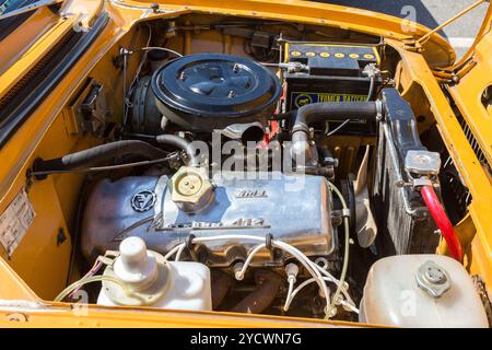 Car engine of old soviet vehicle Moskvich-412, under the hood of a retro russian car Stock Photo