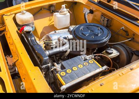 Car engine of old soviet vehicle Moskvich-412, under the hood of a retro russian car Stock Photo