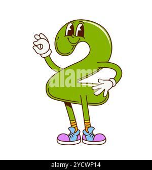 Groovy math number two character in retro cartoon with funny face, vector comic emoji. Groovy number 2 two numeral with ok sign gesture and funky happy smile for mathematics retro cartoon character Stock Vector