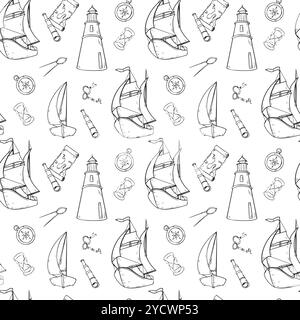 Sailing ship, compass spyglass and map vector seamless pattern monochrome isolated. Black and white graphic hand drawn repeating design of adventure Stock Vector
