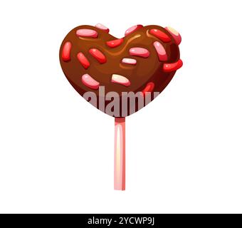Valentine heart candy lollipop for sweets and confectionery, vector holiday dessert icon. Cartoon Valentine candy in heart shape with chocolate glazing and pink red caramel sprinkles for love gift Stock Vector