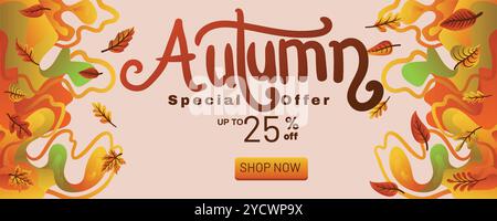 Liquid Abstract Autumn Special Sale Banner with Colorful Fall Leaves. concept of autumn special offer with abstract background banner template vector Stock Vector
