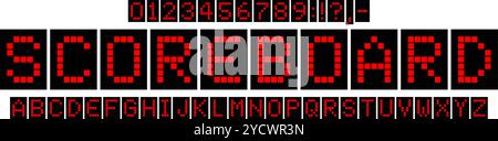 Digital scoreboard font with pixel-style letters in red on a black background, evoking classic LED displays. Perfect for sports branding, digital Stock Vector
