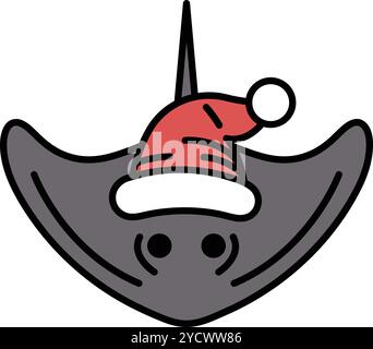 Illustration of a stingray wearing a Santa hat in line art style. Stock Vector