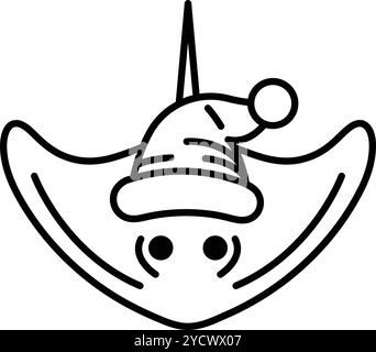 Illustration of a stingray wearing a Santa hat in line art style. Stock Vector