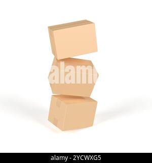 Three cardboard boxes. Blank. Closed. Isolated. 3d illustration. Stock Photo