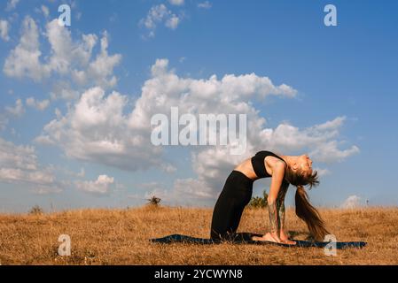 Woman Doing Yoga Class Outdoors in Morning Stock Photo
