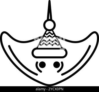 Illustration of a stingray wearing a Santa hat in line art style. Stock Vector