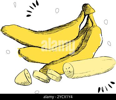Three bananas with slices forming a composition are isolated on a white background. Vector graphic illustration Stock Vector