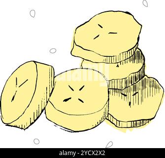 Graphic drawing of chopped banana fruit. Vector Banana slices on white background Stock Vector